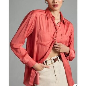 Anthropologie Satin Coral Button-Up Shirt Blouse Small